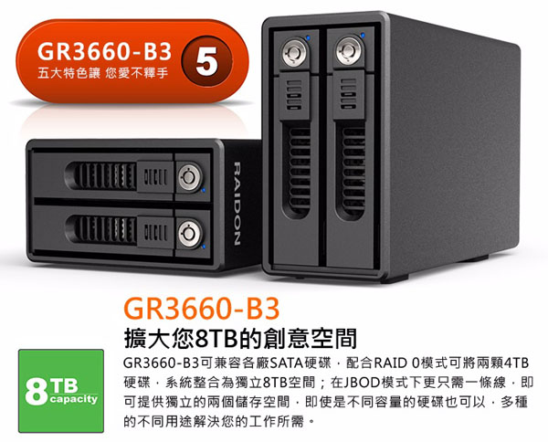 RAIDON 3.5吋USB3.02bay磁碟陣列－GR3660-B3