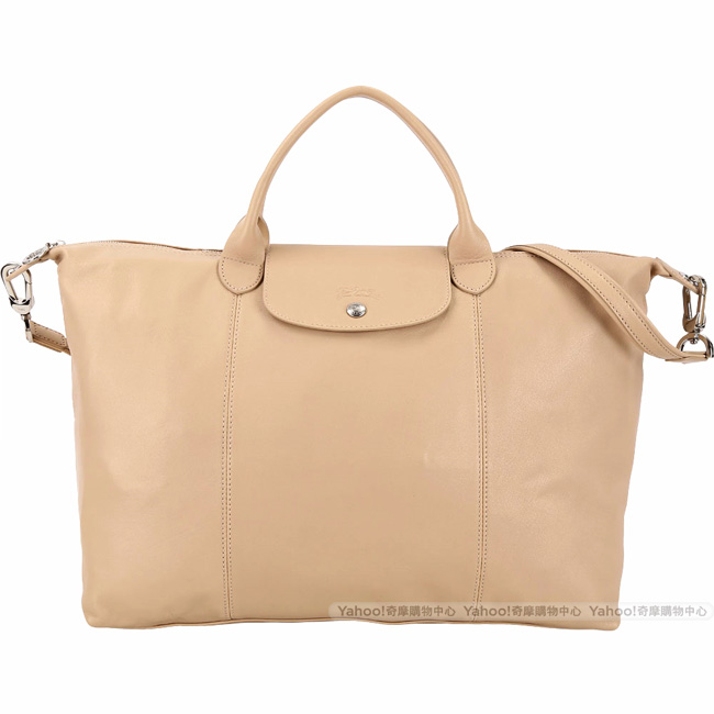 LONGCHAMP Le pliage Cuir 大型短提把羊皮摺疊手提肩背包(米金色)