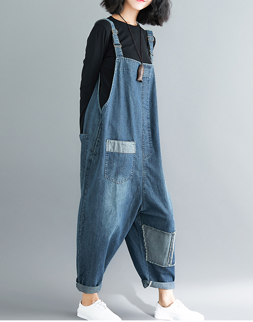 復古簡約拼布風牛仔吊帶褲 (藍色)-4inSTYLE形設計