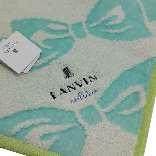 LANVIN en bleu 蝴蝶結圖騰品牌LOGO刺繡小方巾(藍色系/淺綠邊)