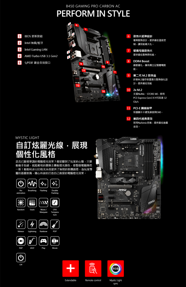 MSI微星 B450 GAMING PRO CARBON AC 主機板