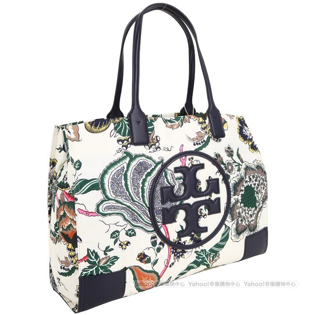 TORY BURCH Ella 大款 經典盾牌皮革拼接印花尼龍肩背包(藍色x奶油白)