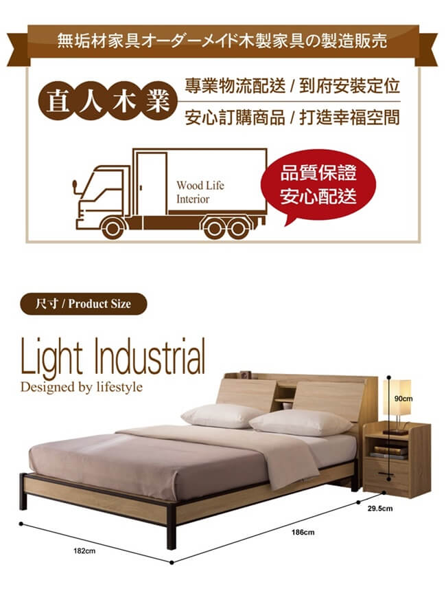 日本直人木業-Light industrial 輕工業風6尺雙人加大收納床組