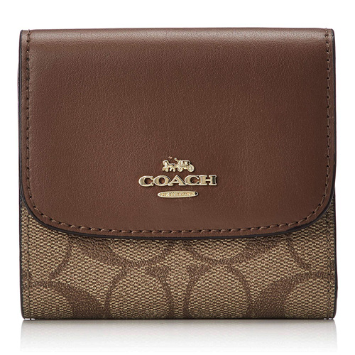 COACH 馬車LOGO拼接撞色PVC防刮皮革三折短夾 棕色