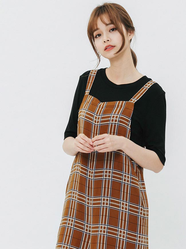 H:CONNECT 韓國品牌 女裝-格紋連身寬褲-棕