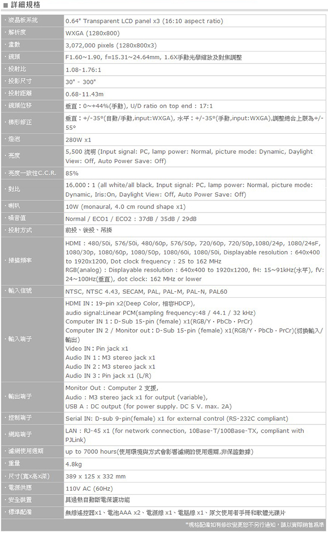 Panasonic WXGA 5500流明 寬螢幕液晶投影機 PT-VW540T