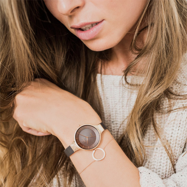 OBAKU 精美女性太陽能腕錶-棕色X玫瑰金-V221LRVNMN-32mm