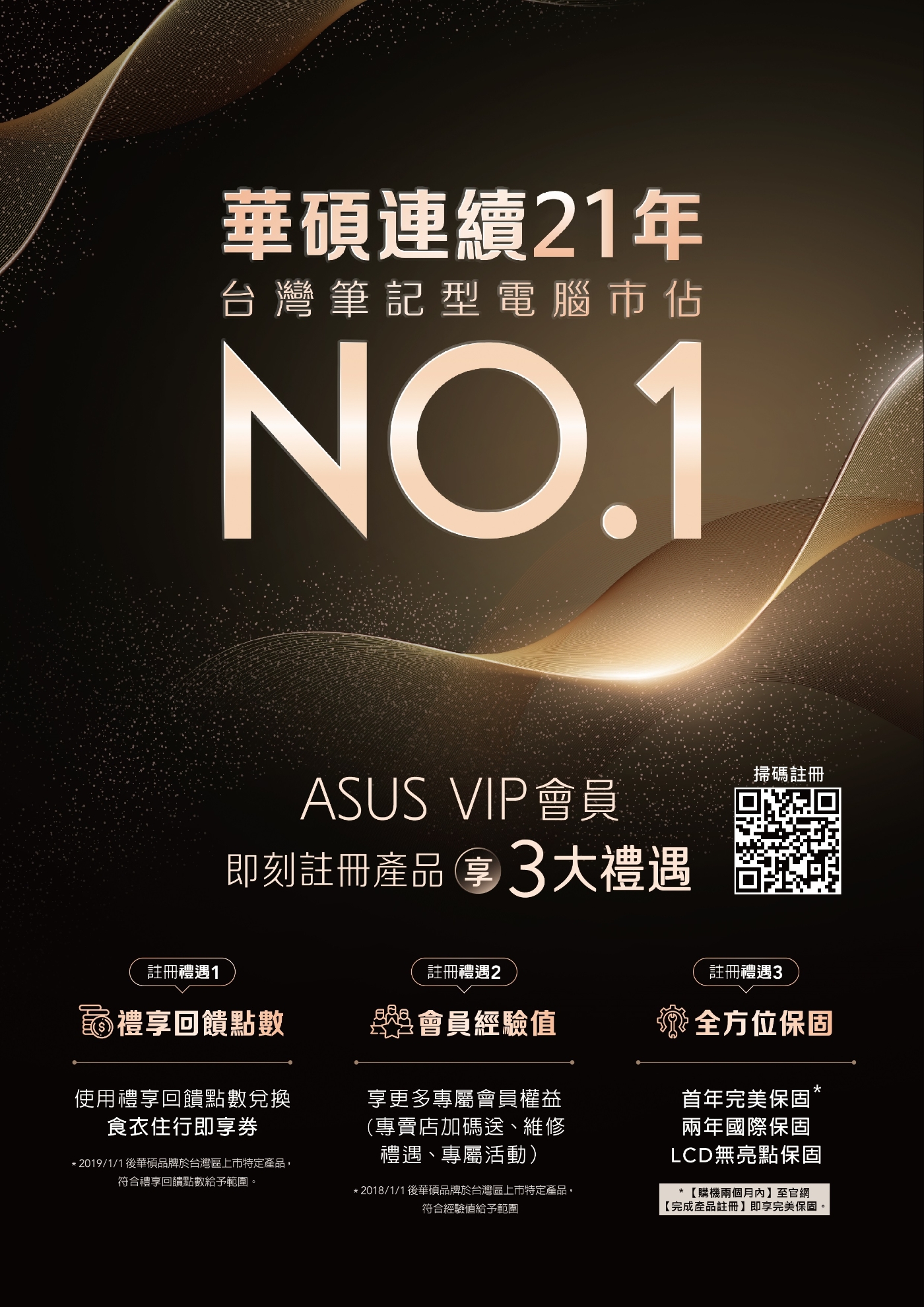 華碩連續21年台灣筆記型電腦市佔NO.1ASUS VIP會員即刻註冊產品拿3大禮遇掃碼註冊註冊禮遇1註冊禮遇2禮回饋點數會員經驗值使用禮享回饋點數兌換食衣住行即享券2019/1/1後華碩品牌於台灣區上市特定產品,符合禮享回饋點數給予範圍。享更多專屬會員權益(專賣店加碼送、維修禮遇、專屬活動)* 2018/1/1 後華碩品牌於台灣區上市特定產品,符合經驗值給予範圍註冊禮遇3全方位保固*首年完美保固”兩年國際保固LCD無亮點保固*【購機兩個月內】至官網【完成產品註冊】即享完美保固。