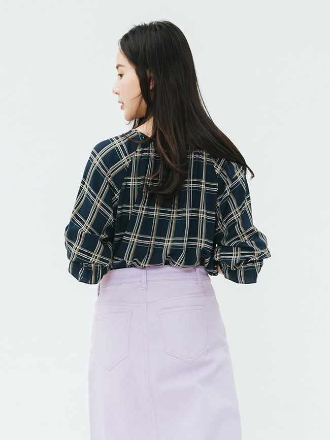 H:CONNECT 韓國品牌 女裝-綁結格紋造型上衣-藍
