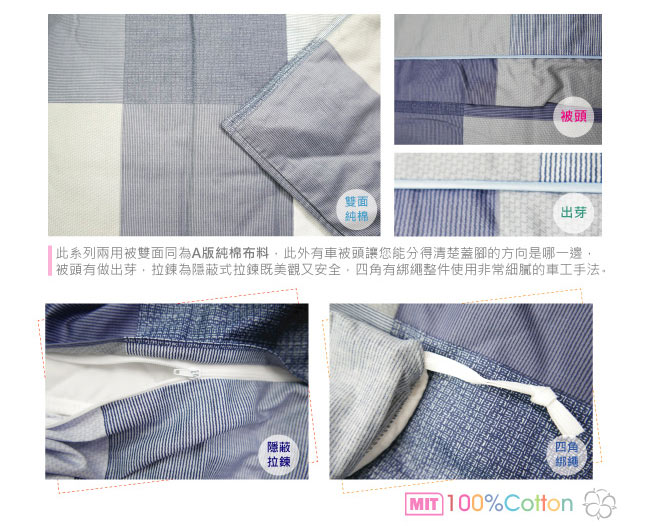 BUTTERFLY-台製40支紗純棉加高30cm薄式雙人床包+雙人鋪棉兩用被-格子趣-藍
