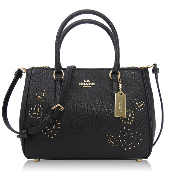 COACH 十字紋皮革帶心型鉚釘 / 斜背兩用包(小款/黑色)