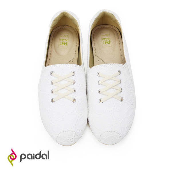 Paidal修長款假鞋帶休閒鞋懶人鞋-布蕾絲小白鞋
