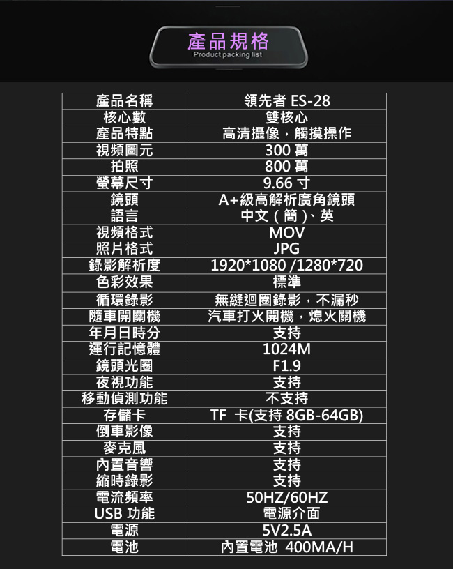 領先者 ES-28 高清流媒體 全螢幕觸控 前後雙鏡後視鏡行車紀錄器-自