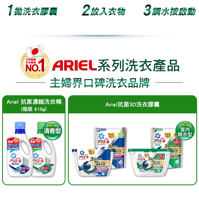 日本No.1 Ariel日本進口三合一3D洗衣膠囊(洗衣球)18顆 盒裝(室內晾乾型)