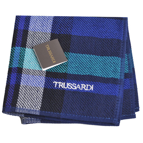 TRUSSARDI 正方格圖紋字母刺繡LOGO小方巾(深藍底)