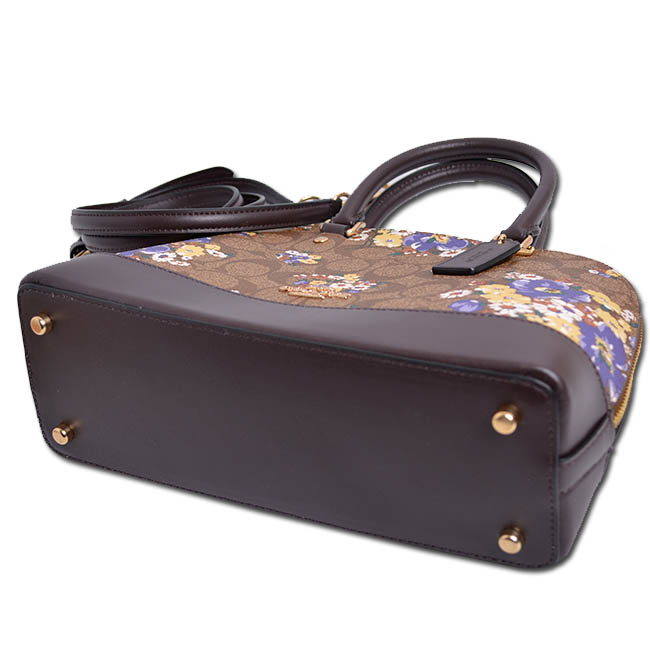 COACH 經典滿版LOGO花卉圖案防刮拼接皮革手提/斜背兩用貝殼包-小/深卡其x焦糖色