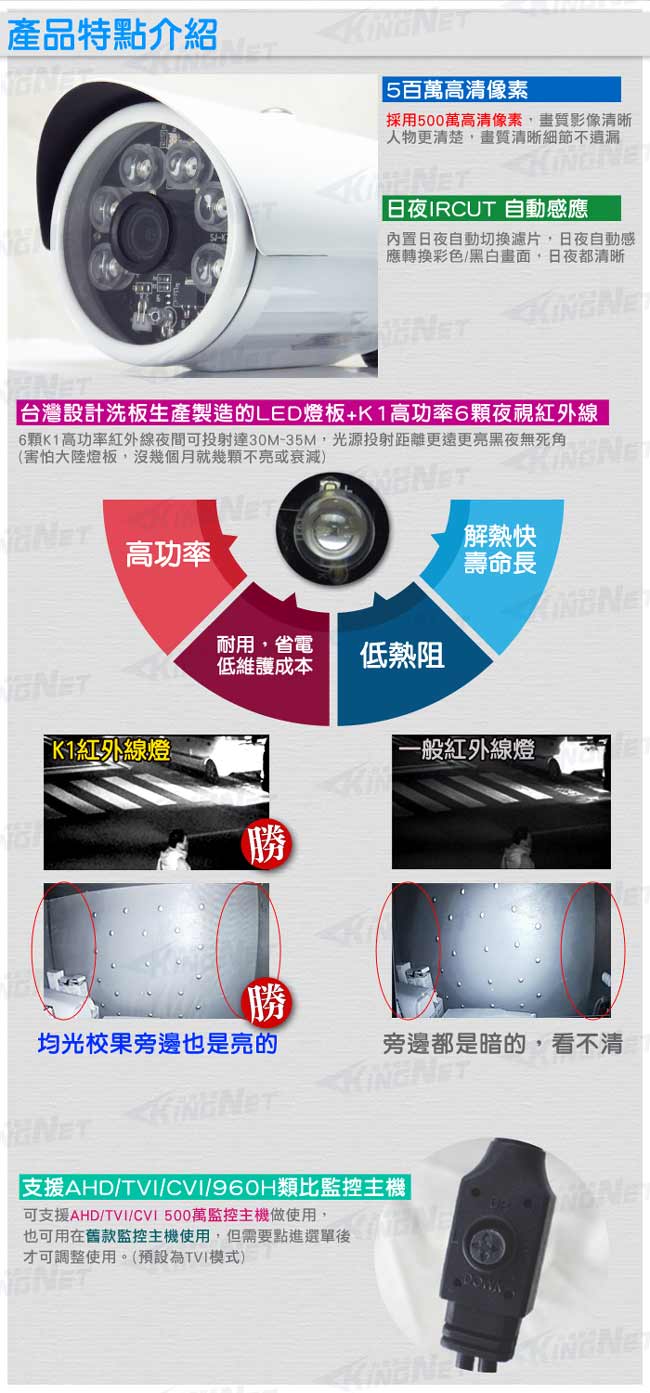 監視器攝影機 - KINGNET HD高清500萬 6顆K1燈戶外槍型監視器攝影機