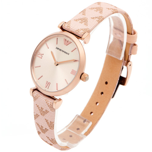 ARMANI 優雅風圖紋皮革錶帶手錶(AR11126)-淡香檳色面X粉紫/32mm