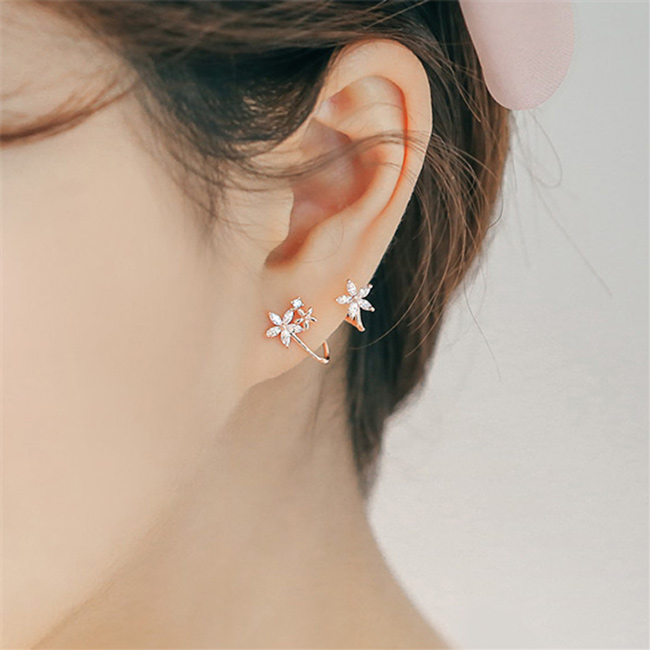 梨花HaNA 韓國925銀針花卉鋯石曲線雙晶滿鑽耳環