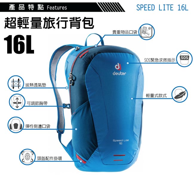 德國 Deuter Speed Lite 16L 輕量級透氣健行登山背包_藍/深藍