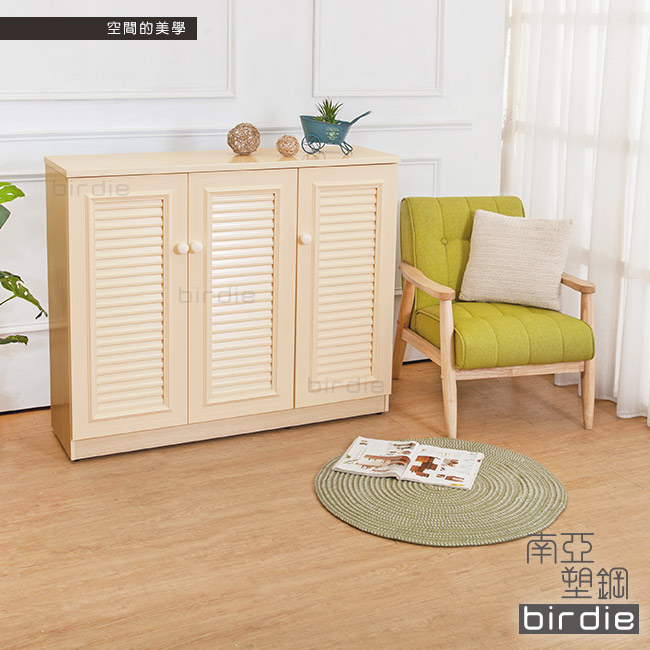 Birdie南亞塑鋼-4尺三門塑鋼百葉鞋櫃(白橡色)-121x37x100cm