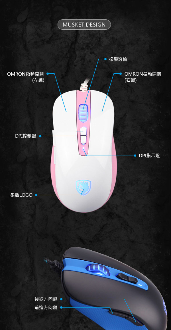 SADES賽德斯 MUSKET 狼火槍 RGB巨集變頻電競滑鼠 (白粉)