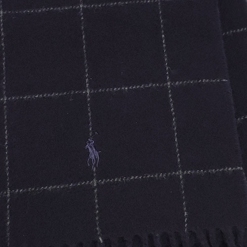 RALPH LAUREN POLO 義大利製小馬刺繡雙面配色格紋羊毛圍巾(深藍色)