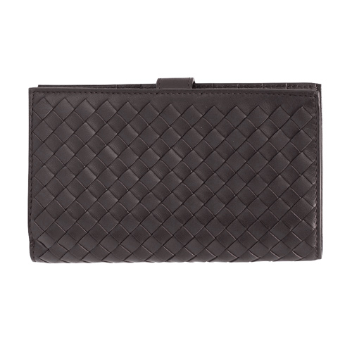 BOTTEGA VENETA 經典編織小羊皮圓皮拉鍊釦式中夾(咖啡-8卡)