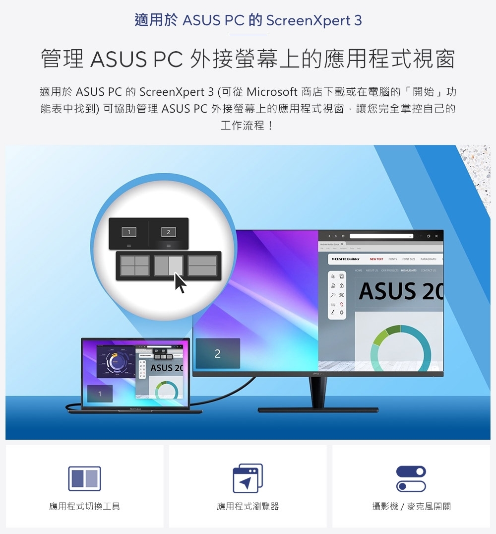 適用於 AS PC 的 ScreenXpert 3管理 AS PC 外接螢幕上的應用程式視窗適用於 ASUS PC 的 ScreenXpert 3 (可從 Microsoft 商店下載或在電腦的「開始」功能表中找到) 可協助管理 ASUS PC 外接螢幕上的應用程式視窗,讓您完全掌控自己的工作流程!12ASUS    FONTS FONT    US     USASUS 20應用程式切換工具應用程式瀏覽器攝影機/麥克風開關