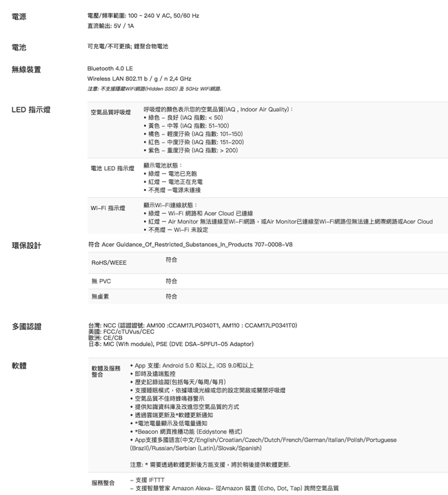 Acer Air Monitor 智慧空氣品質偵測器 (六合一版本)