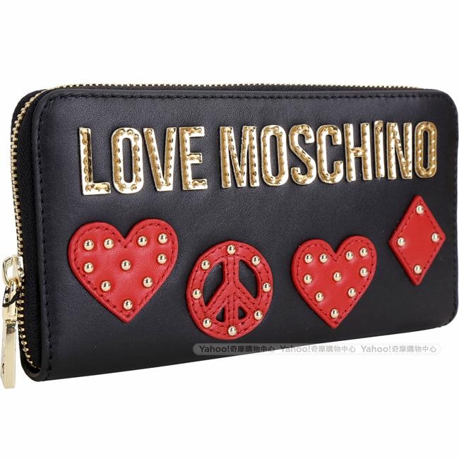 LOVE MOSCHINO 和平愛心圖案真皮拉鍊長夾(黑色)