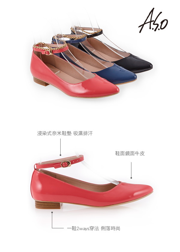 A.S.O 百變女伶 時尚亮面奈米低跟鞋 粉橘
