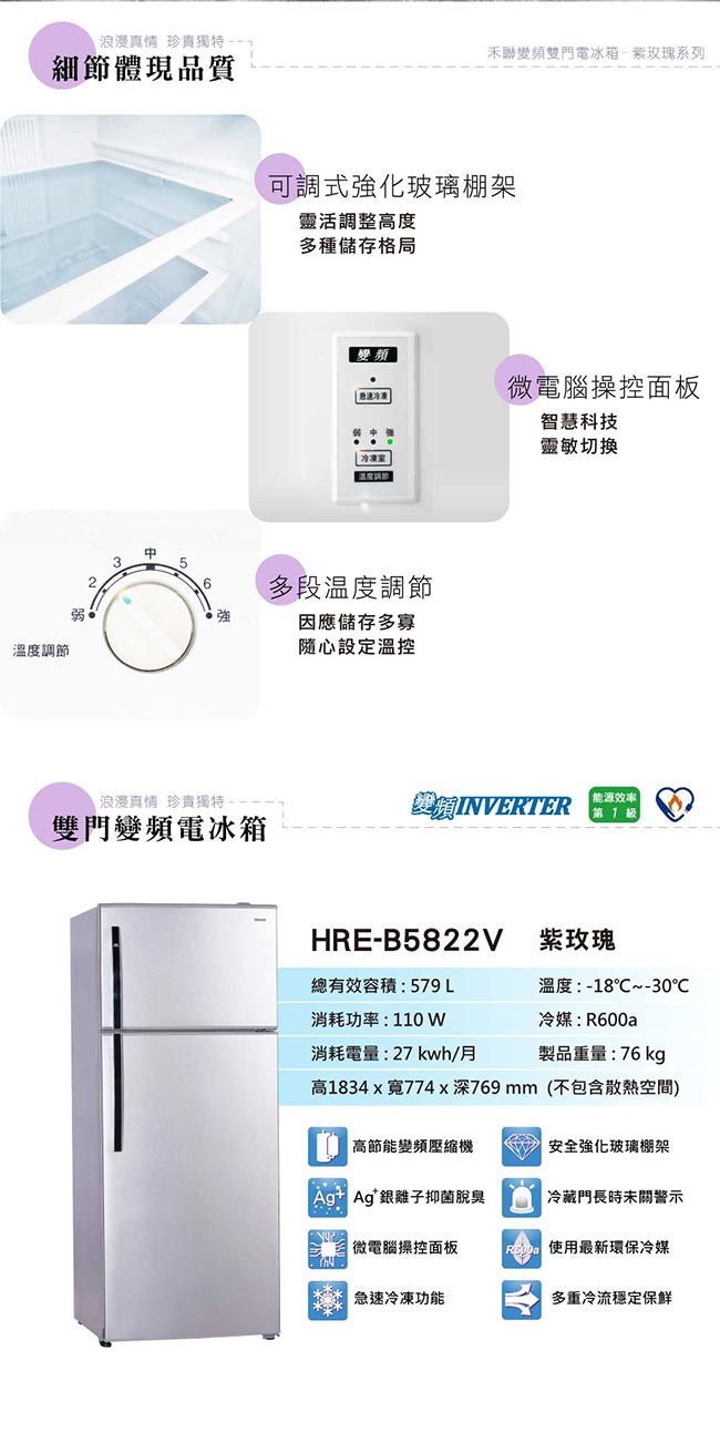 [無卡分期-12期]HERAN禾聯 579L 1級變頻2門電冰箱 HRE-B5822V