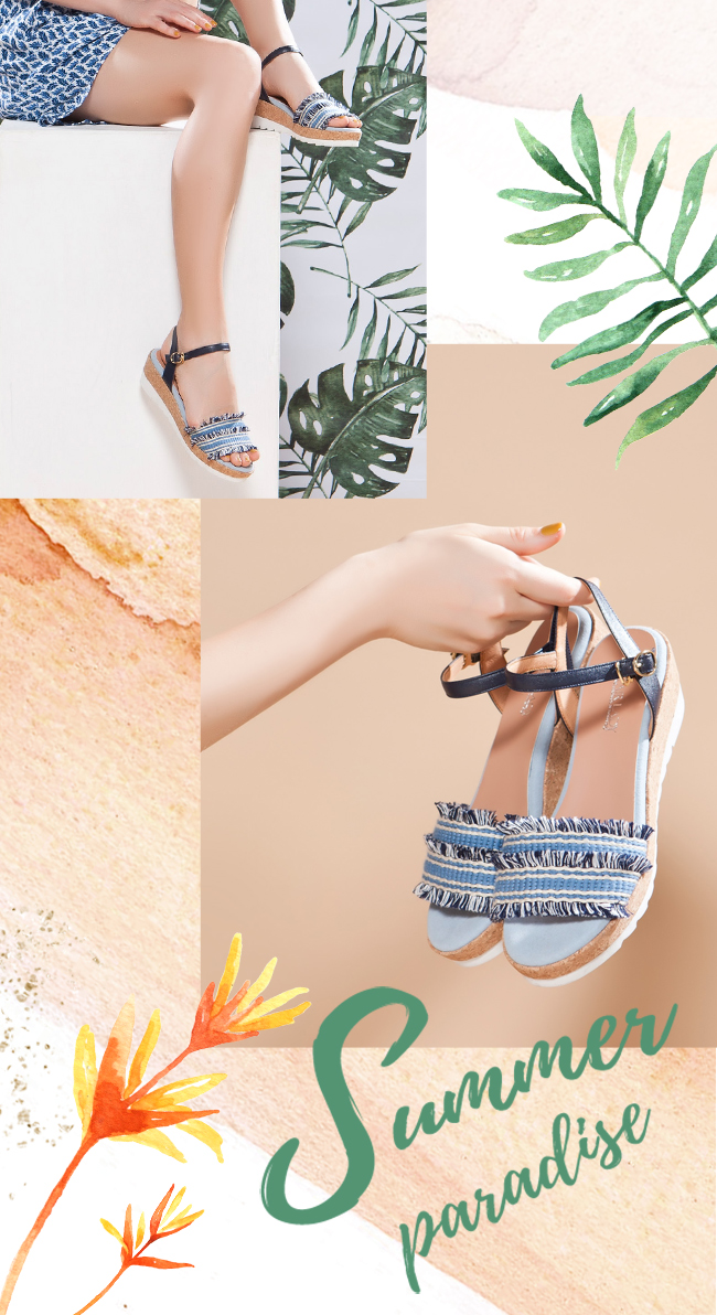 Fair Lady 編織拼接流蘇楔型厚底涼鞋 牛仔藍