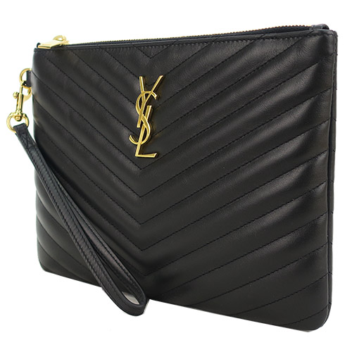 YSL 經典MONOGRAM V縫線 金LOGO手拿包(黑)