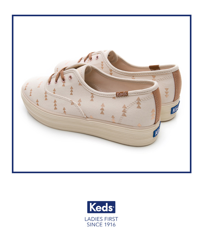 Keds TRIPLE 森林圖騰綁帶厚底休閒鞋-米/金