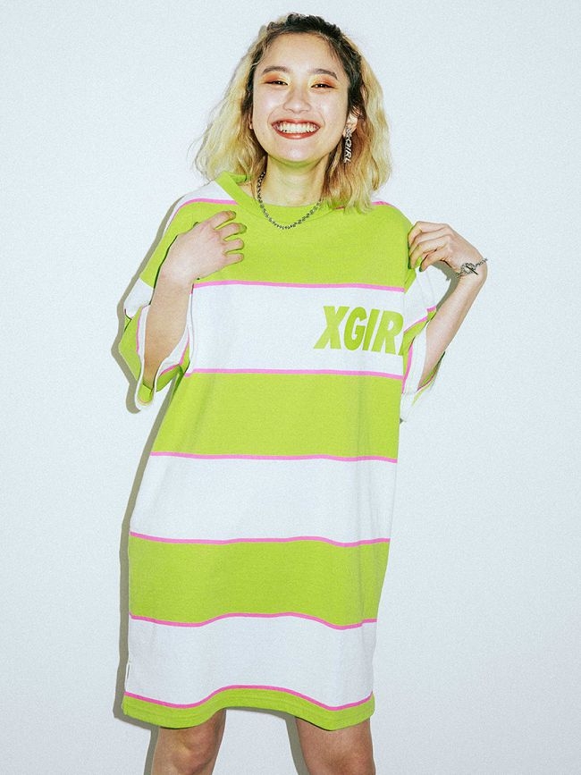 X-girl S/S STRIPED T DRESS OVERSIZE短袖T恤-白/綠