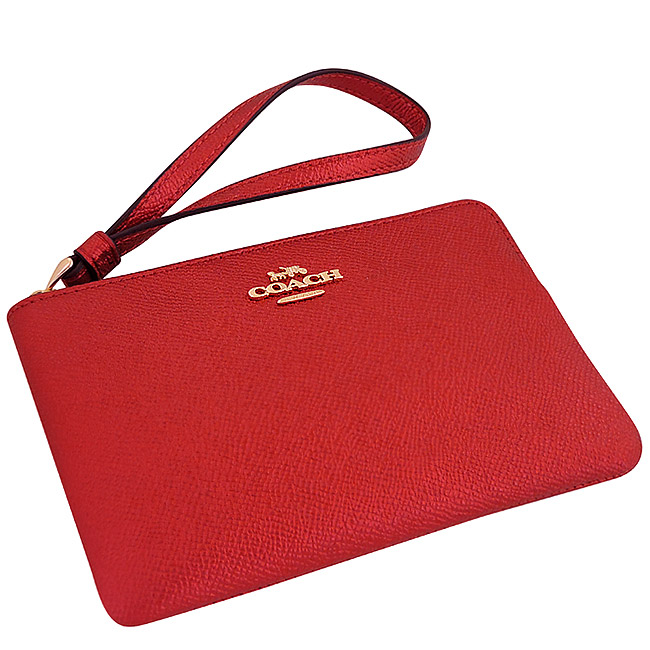 COACH 紅色光澤防刮皮革手拿包