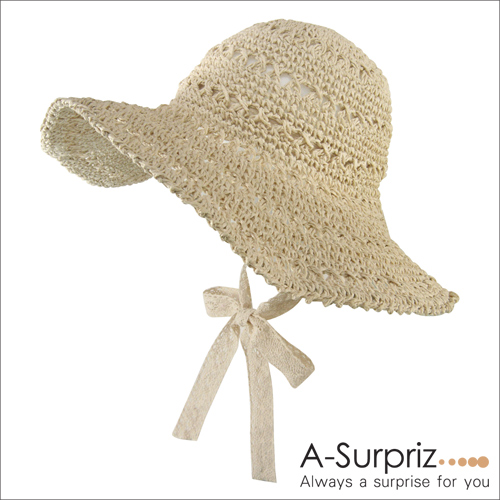 A-Surpriz 鏤洞編織綁帶防曬遮陽草帽(米)