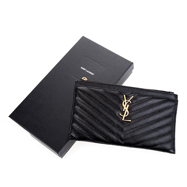 YSL 經典MONOGRAM系列V字縫線魚子醬牛皮金色LOGO拉鍊手拿包 (黑色)