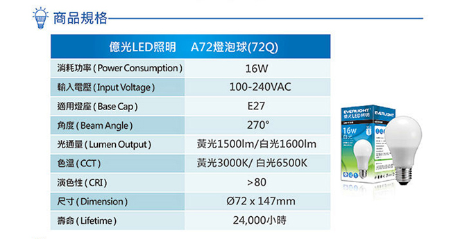 Everlight 億光 16W LED 燈泡 全電壓 E27(黃光4入)