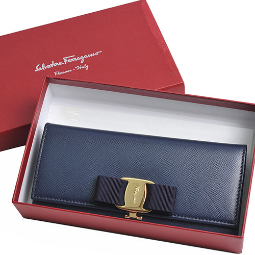 Salvatore Ferragamo 防刮牛皮品牌蝴蝶結LOGO壓釦式長夾(牛津藍)