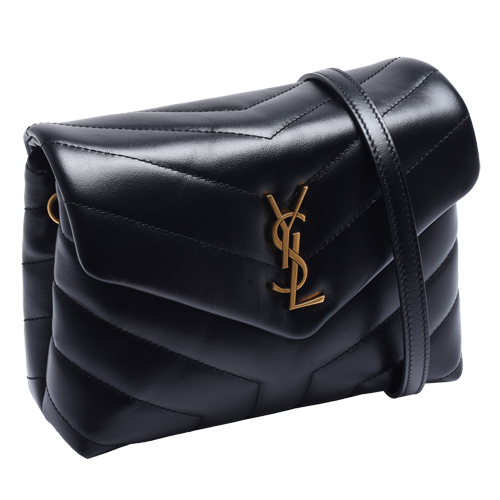 YSL LOULOU系列V字縫線仿舊金色金屬LOGO小牛皮掛腕/肩背/斜背包(小-黑)