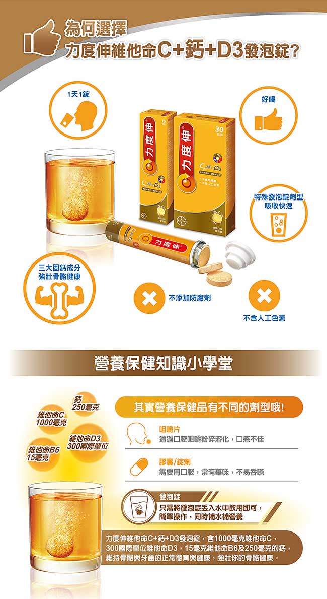 力度伸C+鈣+D3發泡錠-柳橙口味x4盒(30錠/盒)-加贈 流線玻璃瓶500ml