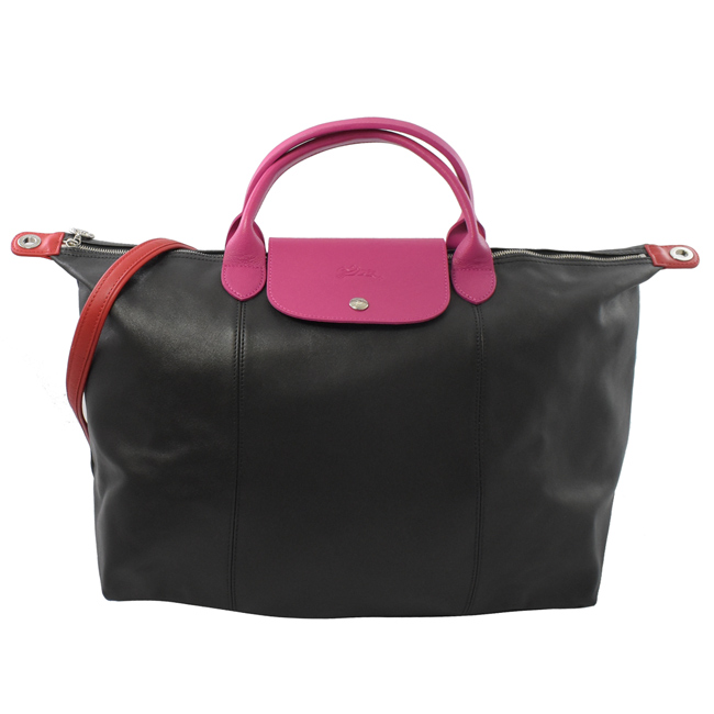 LONGCHAMP Le Pliage Cuir 拼色小羊皮短把兩用包(黑桃/L)