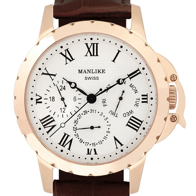 Manlike 曼莉萊克 多功能三眼腕錶【玫色/咖皮/白面】