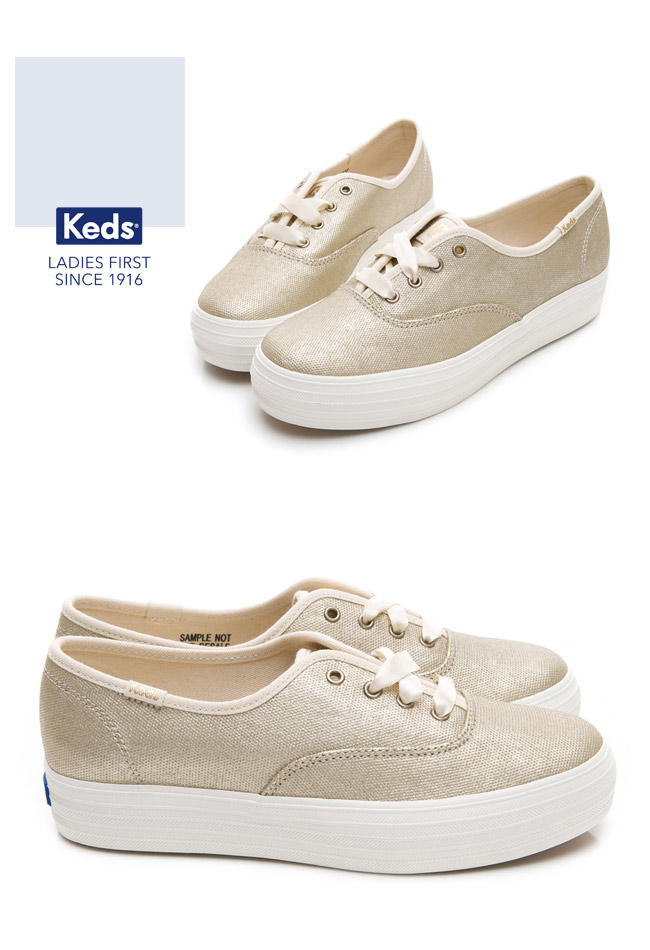 Keds TRIPLE 霧面光澤厚底綁帶休閒鞋-金色