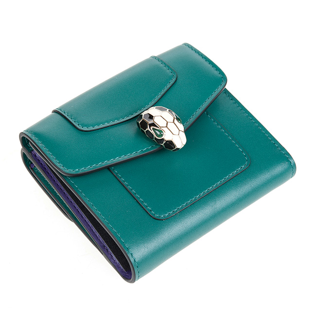 BVLGARI 寶格麗Serpenti系列小牛皮琺瑯蛇頭釦環對折短夾 (祖母綠)