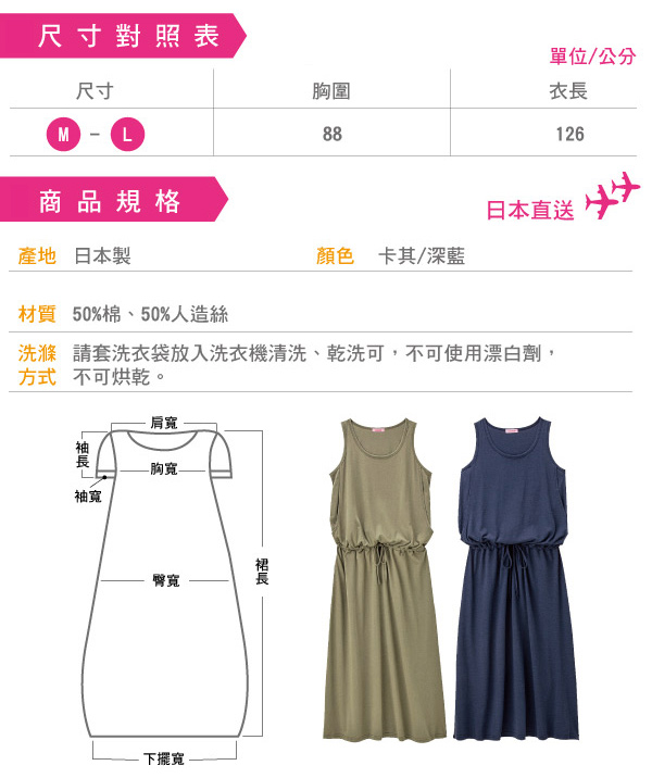 日本雜誌款-哺乳無袖連身長裙(深藍/卡其)