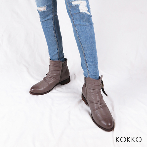 KOKKO-極致品味真皮抓皺平底短靴-紳士灰
